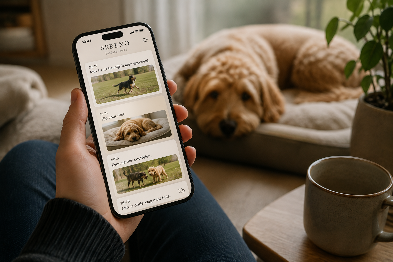 Telefoon met de SERENO-updates van Max, met foto's en tijdstippen, terwijl een hond op de achtergrond rust