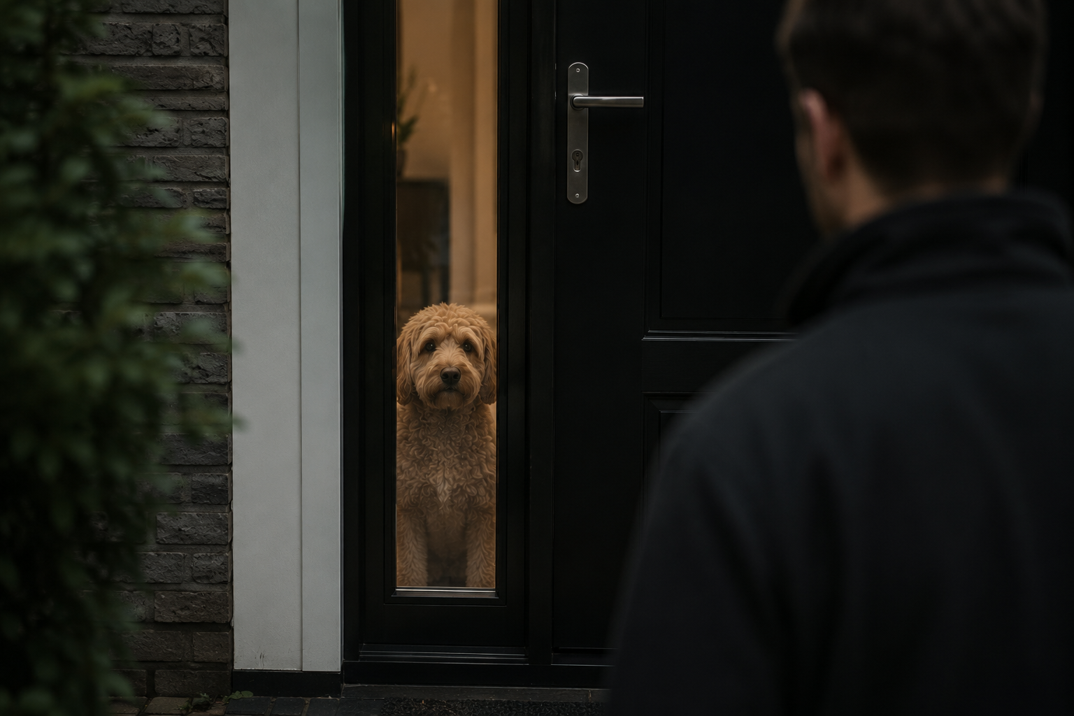 Hond kijkt door het glas naast de voordeur zijn baasje na dat net vertrekt