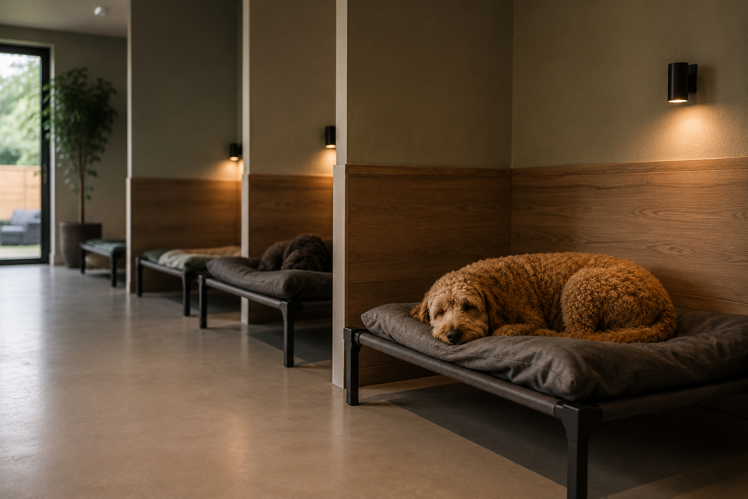 Rustige, verzorgde binnenruimte met verhoogde hondenbedden langs een houten wand en een hond die ligt te slapen