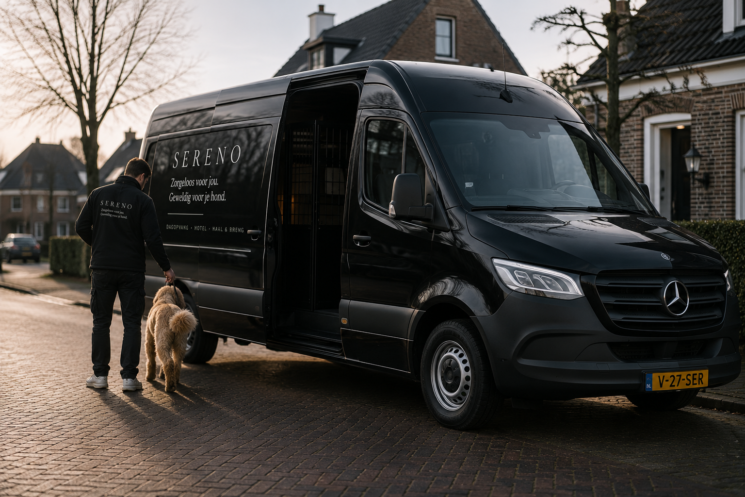 Zwarte Mercedes-Benz bus met SERENO-belettering in een Nederlandse woonstraat terwijl een begeleider een hond naar de zijdeur brengt