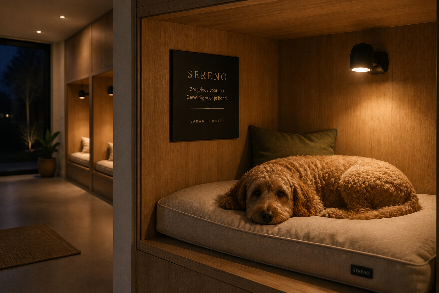 Warme hotelruimte met houten slaapnissen, eigen leeslampjes en een hond die rust op een zacht kussen